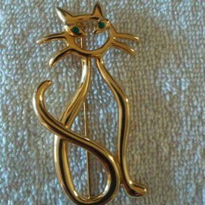 Cute Tall Figural artist CAT Brooch Signed Green jeweled eyes